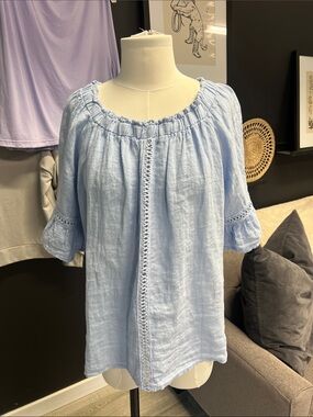 100% Linen Light Blue Peasant Blouse with Crochet Trim - Women